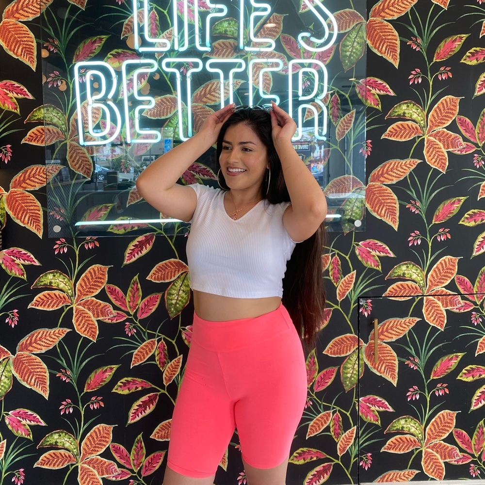 Neon pink biker shorts